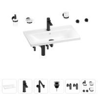 Раковина для ванной Wellsee FreeDom 201007047 в наборе 9 в 1: раковина белого глянцевого цвета, смеситель, сифон, донный клапан, угловые вентили, аксессуары (цвет набора матовый черный)
