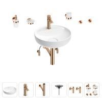 Раковина для ванной Wellsee Chalice Perfection 201006254 в наборе 9 в 1: раковина белого глянцевого цвета, смеситель, сифон, выпуск, угловые вентили, аксессуары (цвет набора розовое золото)