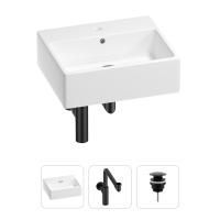 Раковина для ванной Wellsee Graceful Pro 201001347 в наборе 3 в 1: прямоугольная раковина белого глянцевого цвета, сифон, донный клапан в цвете матовый черный