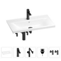 Раковина для ванной Wellsee FreeDom 201005022 в наборе 5 в 1: раковина белого глянцевого цвета, смеситель, сифон, донный клапан, угловые вентили (цвет набора матовый черный)