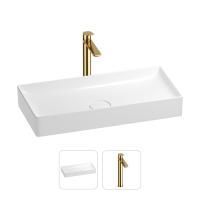 Раковина для ванной Wellsee Pure BY Wellsee 201000738 в наборе 2 в 1: прямоугольная раковина белого глянцевого цвета, высокий смеситель в цвете золото