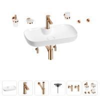 Раковина для ванной Wellsee Croquis 2.0 201005829 в наборе 9 в 1: раковина белого глянцевого цвета, смеситель, сифон, выпуск, угловые вентили, аксессуары (цвет набора розовое золото)