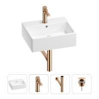 Раковина для ванной Wellsee Graceful Pro 201002929 в наборе 4 в 1: раковина белого глянцевого цвета, смеситель, сифон, донный клапан (цвет набора розовое золото)