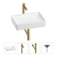 Раковина для ванной Wellsee Pure BY Wellsee 201002643 в наборе 4 в 1: раковина белого глянцевого цвета, высокий смеситель, сифон, выпуск (цвет набора золото)