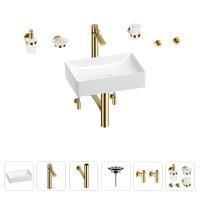 Раковина для ванной Wellsee Pure BY Wellsee 201006308 в наборе 9 в 1: раковина белого глянцевого цвета, высокий смеситель, сифон, выпуск, угловые вентили, аксессуары (цвет золото)