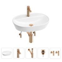 Раковина для ванной Wellsee Calin 201003909 в наборе 5 в 1: раковина белого глянцевого цвета, смеситель, сифон, донный клапан, угловые вентили (цвет набора розовое золото)