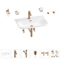 Раковина для ванной Wellsee Eclatant 2.0 201007529 в наборе 9 в 1: раковина белого глянцевого цвета, смеситель, сифон, донный клапан, угловые вентили, аксессуары (цвет набора розовое золото)