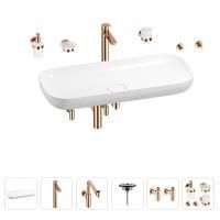 Раковина для ванной Wellsee Croquis 201005809 в наборе 9 в 1: раковина белого глянцевого цвета, высокий смеситель, сифон, выпуск, угловые вентили, аксессуары (цвет розовое золото)
