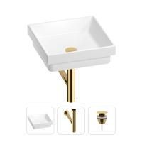 Раковина для ванной Wellsee Doux 201001113 в наборе 3 в 1: квадратная раковина белого глянцевого цвета, сифон, донный клапан в цвете золото