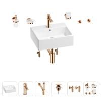 Раковина для ванной Wellsee Graceful Pro 201006659 в наборе 9 в 1: раковина белого глянцевого цвета, смеситель, сифон, донный клапан, угловые вентили, аксессуары (цвет набора розовое золото)