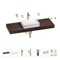 Раковина 50 см со столешницей 140 см Wellsee Pure BY Wellsee 201011493 в наборе 10 в 1: столешница, раковина, высокий смеситель, сифон, выпуск, кран-вентили, аксессуары (цвет золото)