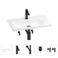 Раковина для ванной Wellsee FreeDom 201004932 в наборе 5 в 1: раковина белого глянцевого цвета, смеситель, сифон, донный клапан, угловые вентили (цвет набора матовый черный)