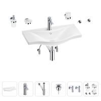 Раковина для ванной Wellsee Bisou 201007356 в наборе 9 в 1: раковина белого глянцевого цвета, смеситель, сифон, донный клапан, угловые вентили, аксессуары (цвет набора хром)
