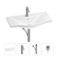 Раковина для ванной Wellsee Bisou 201003676 в наборе 4 в 1: раковина белого глянцевого цвета, смеситель, сифон, донный клапан (цвет набора хром)