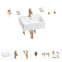 Раковина для ванной Wellsee Graceful Pro 201006654 в наборе 9 в 1: раковина белого глянцевого цвета, смеситель, сифон, донный клапан, угловые вентили, аксессуары (цвет набора розовое золото)