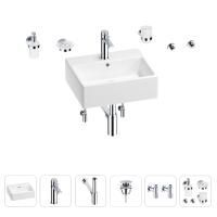 Раковина для ванной Wellsee Graceful Pro 201006656 в наборе 9 в 1: раковина белого глянцевого цвета, смеситель, сифон, донный клапан, угловые вентили, аксессуары (цвет набора хром)