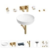 Раковина для ванной Wellsee Chalice Perfection 201006178 в наборе 8 в 1: раковина белого глянцевого цвета, встраиваемый смеситель, сифон, выпуск, аксессуары (цвет набора золото)