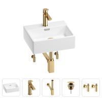 Раковина для ванной Wellsee Graceful Pro 201004538 в наборе 5 в 1: раковина белого глянцевого цвета, смеситель, сифон, донный клапан, угловые вентили (цвет набора золото)