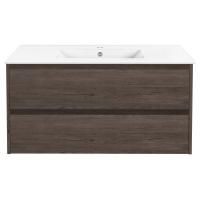 Тумба Vincea Gio 100 подвесная, 2 выкатных ящика soft-close, R.Oak с умывальником VBS-13100 керамическая, цвет белый