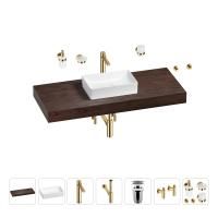 Раковина 42 см со столешницей 120 см Wellsee Pure BY Wellsee 201010938 в наборе 10 в 1: столешница, раковина, высокий смеситель, сифон, выпуск, кран-вентили, аксессуары (цвет золото)