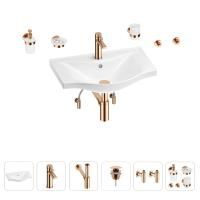 Раковина для ванной Wellsee Bisou 201007259 в наборе 9 в 1: раковина белого глянцевого цвета, смеситель, сифон, донный клапан, угловые вентили, аксессуары (цвет набора розовое золото)