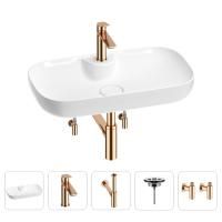 Раковина для ванной Wellsee Croquis 2.0 201004134 в наборе 5 в 1: раковина белого глянцевого цвета, смеситель, сифон, выпуск, угловые вентили (цвет набора розовое золото)