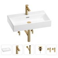 Раковина для ванной Wellsee Graceful Pro 201004648 в наборе 5 в 1: раковина белого глянцевого цвета, смеситель, сифон, донный клапан, угловые вентили (цвет набора золото)
