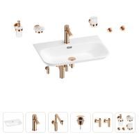 Раковина для ванной Wellsee Eclatant 2.0 201007549 в наборе 9 в 1: раковина белого глянцевого цвета, смеситель, сифон, донный клапан, угловые вентили, аксессуары (цвет набора розовое золото)