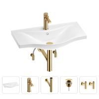 Раковина для ванной Wellsee Bisou 201005303 в наборе 5 в 1: раковина белого глянцевого цвета, смеситель, сифон, донный клапан, угловые вентили (цвет набора золото)