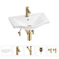 Раковина для ванной Wellsee Bisou 201005178 в наборе 5 в 1: раковина белого глянцевого цвета, смеситель, сифон, донный клапан, угловые вентили (цвет набора золото)