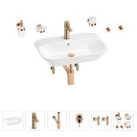 Раковина для ванной Wellsee Eclatant 201007469 в наборе 9 в 1: раковина белого глянцевого цвета, смеситель, сифон, донный клапан, угловые вентили, аксессуары (цвет набора розовое золото)