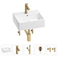 Раковина для ванной Wellsee Graceful Pro 201004588 в наборе 5 в 1: раковина белого глянцевого цвета, смеситель, сифон, донный клапан, угловые вентили (цвет набора золото)