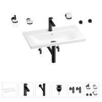 Раковина для ванной Wellsee FreeDom 201007072 в наборе 9 в 1: раковина белого глянцевого цвета, смеситель, сифон, донный клапан, угловые вентили, аксессуары (цвет набора матовый черный)