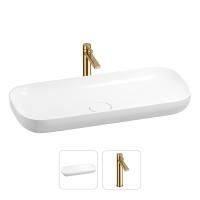 Раковина для ванной Wellsee Croquis 201000598 в наборе 2 в 1: овальная раковина белого глянцевого цвета, высокий смеситель в цвете золото