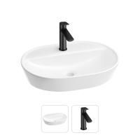 Раковина для ванной Wellsee Calin 201000562 в наборе 2 в 1: овальная раковина белого глянцевого цвета, смеситель в цвете матовый черный