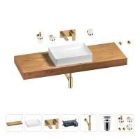 Раковина 50 см со столешницей 140 см Wellsee Pure BY Wellsee 201011483 в наборе 9 в 1: столешница, раковина, встраиваемый смеситель, сифон, выпуск, аксессуары (цвет набора золото)