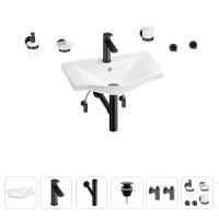 Раковина для ванной Wellsee Bisou 201007172 в наборе 9 в 1: раковина белого глянцевого цвета, смеситель, сифон, донный клапан, угловые вентили, аксессуары (цвет набора матовый черный)