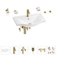 Раковина для ванной Wellsee Bisou 201007348 в наборе 9 в 1: раковина белого глянцевого цвета, смеситель, сифон, донный клапан, угловые вентили, аксессуары (цвет набора золото)