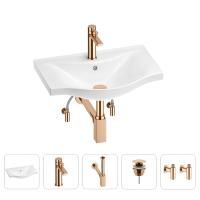 Раковина для ванной Wellsee Bisou 201005144 в наборе 5 в 1: раковина белого глянцевого цвета, смеситель, сифон, донный клапан, угловые вентили (цвет набора розовое золото)
