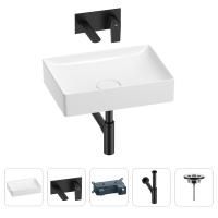 Раковина для ванной Wellsee Pure BY Wellsee 201002672 в наборе 4 в 1: раковина белого глянцевого цвета, встраиваемый смеситель, сифон, выпуск (цвет набора матовый черный)