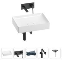 Раковина для ванной Wellsee Pure BY Wellsee 201002697 в наборе 4 в 1: раковина белого глянцевого цвета, встраиваемый смеситель, сифон, выпуск (цвет набора матовый черный)