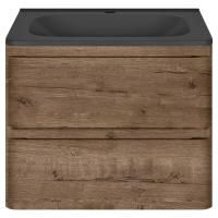Тумба Vincea Vico 600 подвесная, 2 выкатных ящика soft close, V.Oak с умывальником VCB-2VP600B из кварцевого камня, цвет черный
