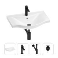 Раковина для ванной Wellsee Bisou 201003557 в наборе 4 в 1: раковина белого глянцевого цвета, смеситель, сифон, донный клапан (цвет набора матовый черный)