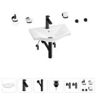 Раковина для ванной Wellsee Bisou 201007122 в наборе 9 в 1: раковина белого глянцевого цвета, смеситель, сифон, донный клапан, угловые вентили, аксессуары (цвет набора матовый черный)
