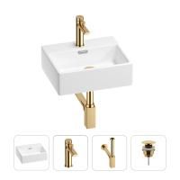 Раковина для ванной Wellsee Graceful Pro 201002868 в наборе 4 в 1: раковина белого глянцевого цвета, смеситель, сифон, донный клапан (цвет набора золото)
