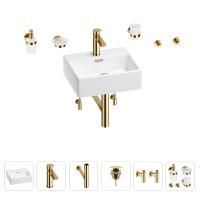 Раковина для ванной Wellsee Graceful Pro 201006623 в наборе 9 в 1: раковина белого глянцевого цвета, смеситель, сифон, донный клапан, угловые вентили, аксессуары (цвет набора золото)