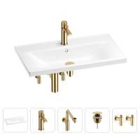 Раковина для ванной Wellsee FreeDom 201005023 в наборе 5 в 1: раковина белого глянцевого цвета, смеситель, сифон, донный клапан, угловые вентили (цвет набора золото)
