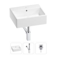 Раковина для ванной Wellsee Graceful Pro 201001331 в наборе 3 в 1: прямоугольная раковина белого глянцевого цвета, сифон, донный клапан в цвете хром