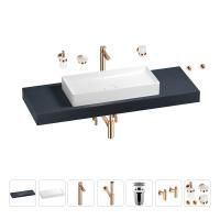Раковина 75 см со столешницей 140 см Wellsee Pure BY Wellsee 201011814 в наборе 10 в 1: столешница, раковина, высокий смеситель, сифон, выпуск, кран-вентили, аксессуары (цвет розовое золото)