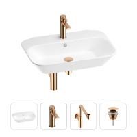 Раковина для ванной Wellsee Eclatant 201003749 в наборе 4 в 1: раковина белого глянцевого цвета, смеситель, сифон, донный клапан (цвет набора розовое золото)